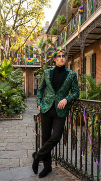 Mens Emerald Green Mardi Gras Blazer with Black Satin Lapel – Paisley Swirl Pattern Formal Party Jacket
