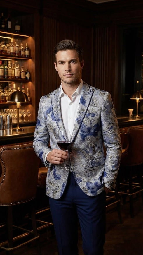 Men’s Navy Blue and Gray Paisley Print Blazer – Prom Jacket for Formal, Party, and Evening Wear