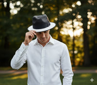 Men’s Two-Tone Black and White Fedora Hat with Feather Accent – Stylish Summer Dress Hat