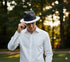 Men’s Two-Tone Black and White Fedora Hat with Feather Accent – Stylish Summer Dress Hat
