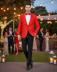 Big and Tall Mens Red Paisley Tuxedo Jacket – Satin Shawl Lapel Blazer with Bow Tie - Christmas Jacket