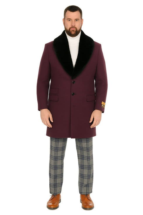 Mens Purple Wool Overcoat with Black Faux Fur Collar – Luxury Winter Dress Coat for Formal and Casual Wear