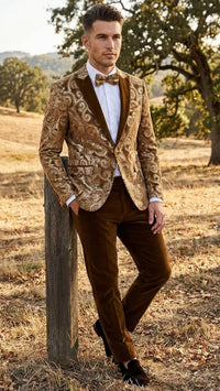 Men’s Goldish Light brown Tuxedo dinner Jacket Embroidered Blazer – Velvet Jacket for Formal Paisley Pattern Coffee Mocca Color