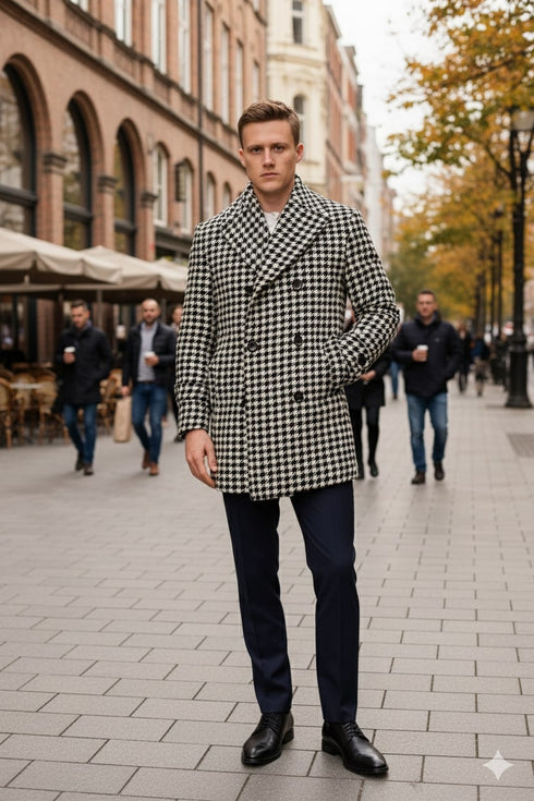 Mens Houndstooth Double-Breasted Overcoats – Classic Black and White Wool Blend Peacoat Wool Fabric
