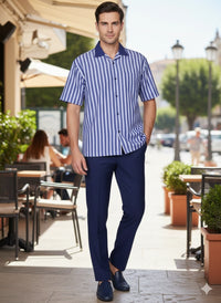Men’s Blue and White Vertical Stripe Short Sleeve Shirt Set – Casual Summer Two-Piece Outfit