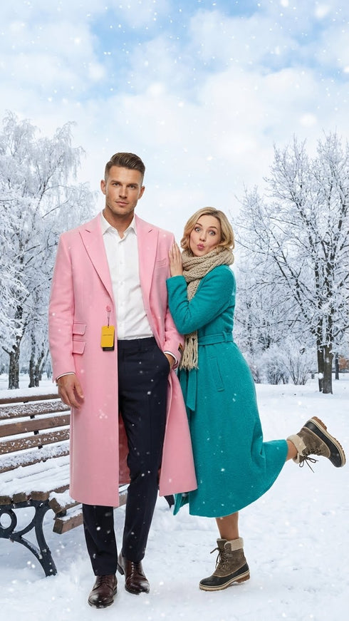 Men’s Pink Wool Blend Long Overcoat – Slim Fit Tailored Winter Coat - Carcoat - Topcoat