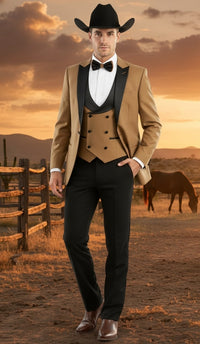 Mens Western Cowboy Tuxedo – Tan and Black 3-Piece Suit with Satin Lapel and Vest in Mocca Coffee Color