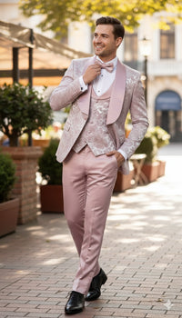 Men’s Light Pink Dusty Rose -  Floral Tuxedo Suit – Luxury Satin Shawl Lapel 3-Piece Formal Wedding and Prom Suit in Blush Mauve color