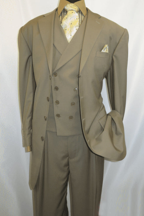 Mens 4 Button Double Breasted Vest Suit in Tan
