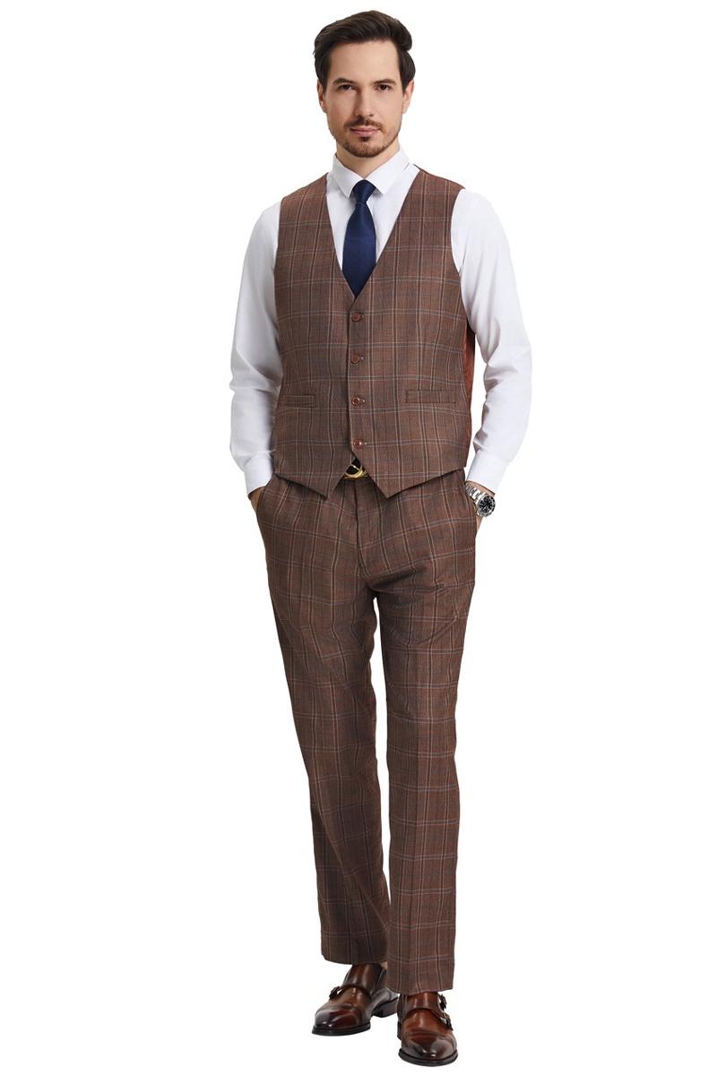 Men's Stacy Adams Vested Modern Fit Windowpane Plaid Suit in Light Bro ...