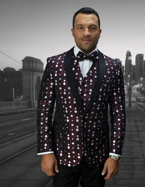 Mens Vested Polka Dot Tuxedo in Burgundy