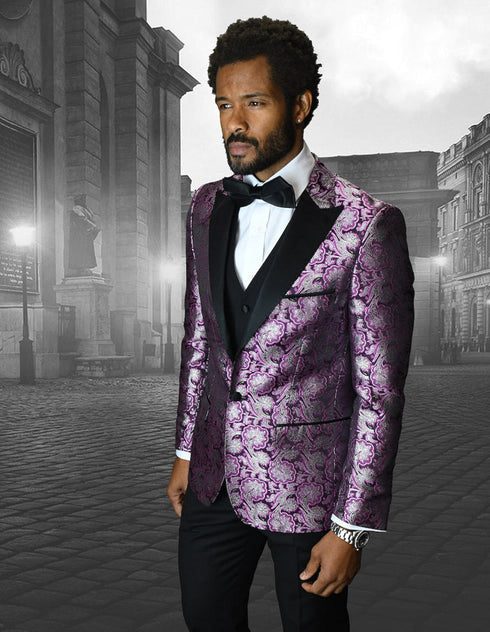 Mens Vested One Button Peak Lapel Shiny Floral Tuxedo in Fuschia