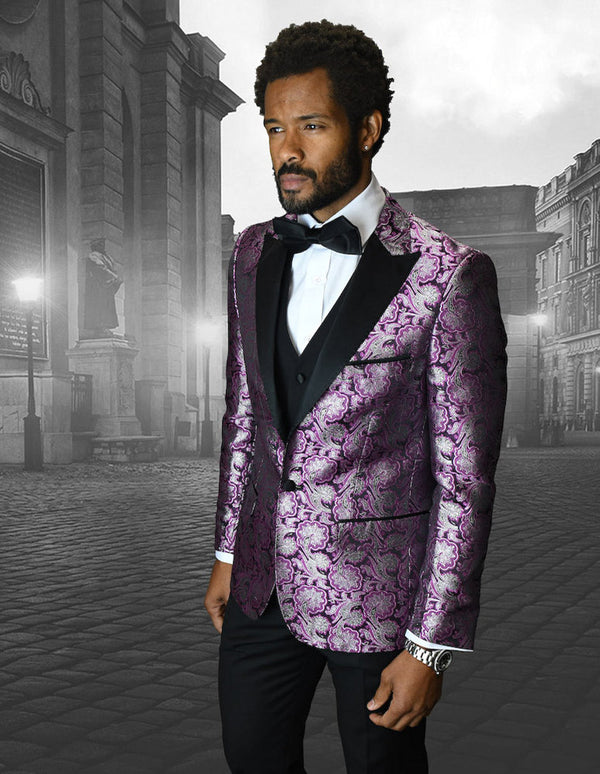 Mens Vested One Button Peak Lapel Shiny Floral Tuxedo in Fuschia