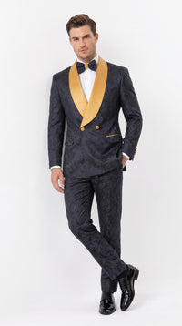 Men’s Black and Gold Hollywood Tuxedo – Double-Breasted Shawl Lapel Prom, Wedding and Formal Suit