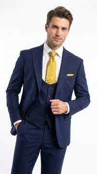 Mens Vitali 3 Piece Suit W/Scoop Vest Navy Blue 3-Piece Suit – Big Peak Lapel  Vest and Pants  Modern Fit Two Buttons
