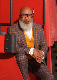 Men's Stacy Adams Bold Windowpane Plaid Print Vested Suit in Grey & Gold