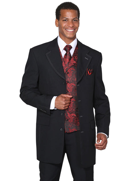 Mens 4 Button Wide Notch Lapel Fashion Black and Red Suit