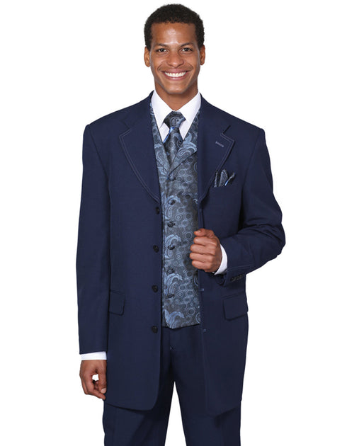 Mens 4 Button Wide Notch Lapel Fashion Navy Suit