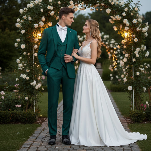 Men’s Emerald Green Textured 3-Piece Suit – Polk Dot Pattern Formal Wedding, Prom, and Evening Wear Outfit