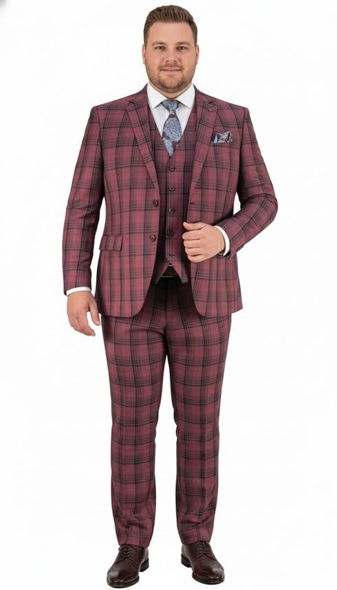 Mens Red Burgundy Plaid 3-Piece Suit – Classic Checkered Modern Fit Suit for Weddings, Church and Formal Events