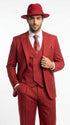 Men’s Red & White Pinstripe 3-Piece Suit by Mazari – Peak Lapel Classic Fit Gangster Suit with Pleated Pants