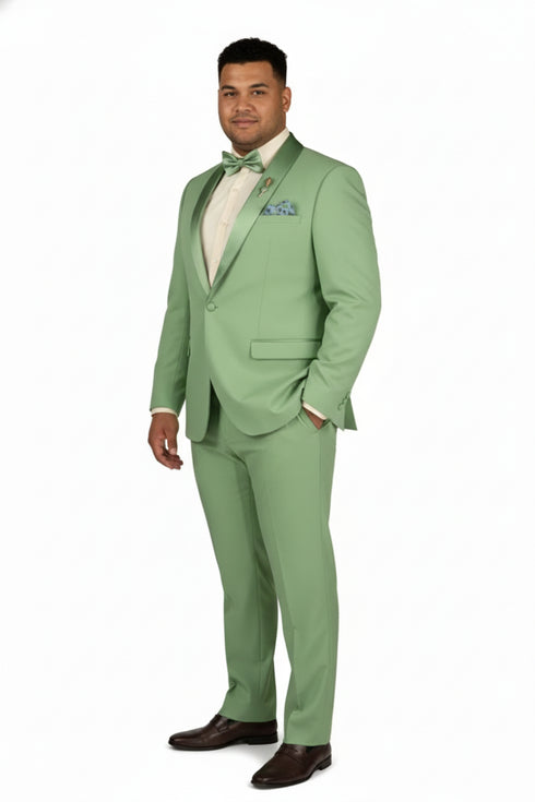 Men’s Mint Green Tuxedo – 2-Piece Formal Suit with Satin Shawl Lapel and Matching Bow Tie in  Sage Green
