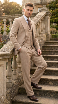 Men’s Beige tan Checkered Three Piece Suit with Classic Fit Wide Leg Pleated Pants by Rossiman khaki color