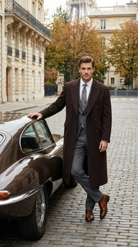 Men’s Brown Long Overcoat – Double Breasted Classic Formal Winter Coat for Business, Topcoat and Cold Weather Wear