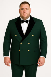 Men's Green Double-Breasted Wedding Tuxedo with Black Velvet Lapel and Gold Buttons