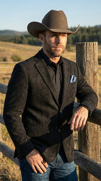 Men’s Black Suede Cowboy Blazer with Elbow Patch Sleeves – Black Western Style Suede Sport Coat for Casual and Smart Casual Wear