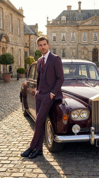 Men’s Plum Eggplant Pinstripe 3 Piece Suit – Burgundy Purple Formal Suit  Gangster 1920s Mafia Pimp Suit