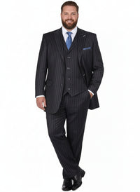Men’s Three Button Suits -  Navy Blue Pinstripe Three-Piece Suit – Classic Business and Formal Wear - Zoot Suit