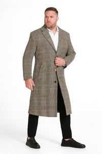 Men’s Full length  Long Plaid Overcoat – Classic Checkered Wool Blend Winter Coat in Gray Color Checkered