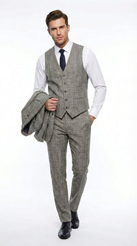 Vitali Brand Men’s Grey Textured Patterned 3 Piece Suit – Modern Fit Checkered Sharkskin with Blazer, Vest & Trousers, Business Wedding