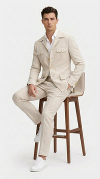 Mens Tan Beige Safari Military Walking Suit Set – Casual Two Piece Outfit Lightweight Summer Blazer and Pants Set Classic Casual Wear