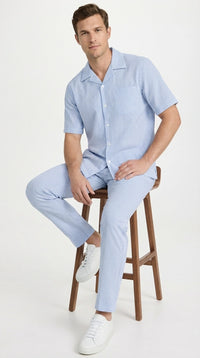 Mens Light Blue Seersucker Walking Suit Set – Casual Summer Short Sleeve Outfit with Matching Pants Lightweight Two Piece Set