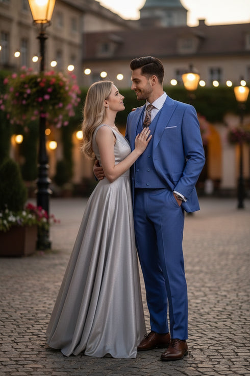 Men’s Light Blue Double-Breasted 3-Piece Suit Set – Tailored Fit Formal Business Suit in Steel Blue Sky Blue Color