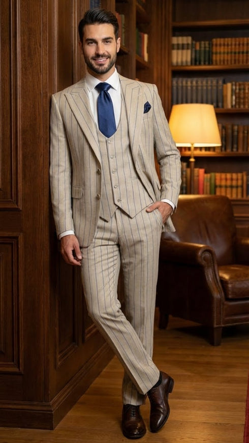 Men's Beige with blue Pinstripe Three-Piece Suit with Vest by Rossiman Vested Peak Lapel in Tan Stripe 1920s style
