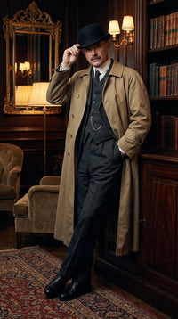 Men’s Beige Cotton Trench Coat Suit Package – Classic Long Overcoat for Formal + Suit + Hat