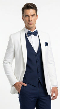 Men’s White and Navy blue tuxedo  3 Piece Suit – Classic White Blazer with Navy Vest and Pants for Wedding, Party + Bowtie