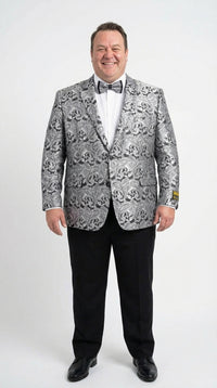 Men’s Silver and Black Paisley Prom Blazer Jacket | Printed Formal Evening Tuxedo Blazer + Free Matching Bow Tie