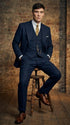 Men’s Navy Blue Pinstripe 3 Piece Suit, Thomas Shelby Inspired Vintage Formal Suit for Weddings, Parties, Prom, and Special Events