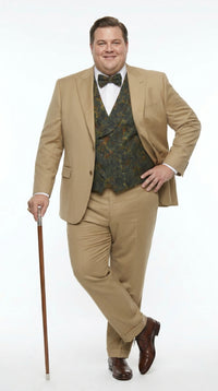 Men’s Khaki 3 Piece Suit with Patterned Vest, Great Gatsby Inspired Formal Suit for Weddings, Mardi Gra in Tan Camel Color