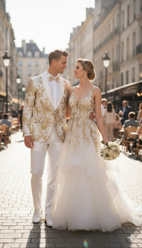 Mens White and Gold Floral Tuxedo Jacket with Satin Lapel – Luxury Prom, Wedding, and Formal Dinner Blazer