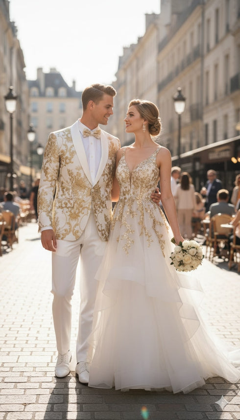 Mens White and Gold Floral Tuxedo Jacket with Satin Lapel – Luxury Prom, Wedding, and Formal Dinner Blazer