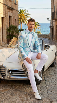 Men’s Light Blue Floral Jacquard Tuxedo Jacket with Matching Bow Tie | Formal Prom Wedding Blazer + Bowtie Turqoise Aqua Color