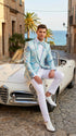 Men’s Light Blue Floral Jacquard Tuxedo Jacket with Matching Bow Tie | Formal Prom Wedding Blazer + Bowtie Turqoise Aqua Color