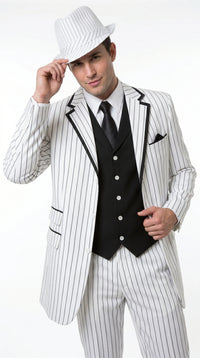 Men’s White Pinstripe 1920s Gangster 3 Piece Suit, Black Contrast Formal Costume Suit for Parties, Prom, Weddings, and Theme Events
