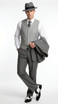 Men’s Grey Pinstripe 1920s Gangster 3 Piece Suit, Contrast Lapel Vintage Formal Suit for Parties, Prom, Weddings, and Theme Events
