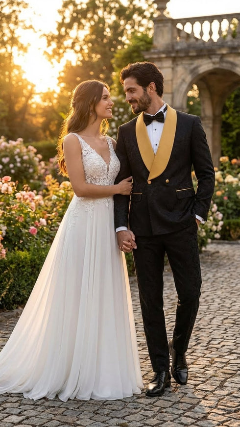 Men’s Black and Gold Jacquard Tuxedo Suit – Luxury Slim Fit Formal Wedding, Prom, and Gala Outfit